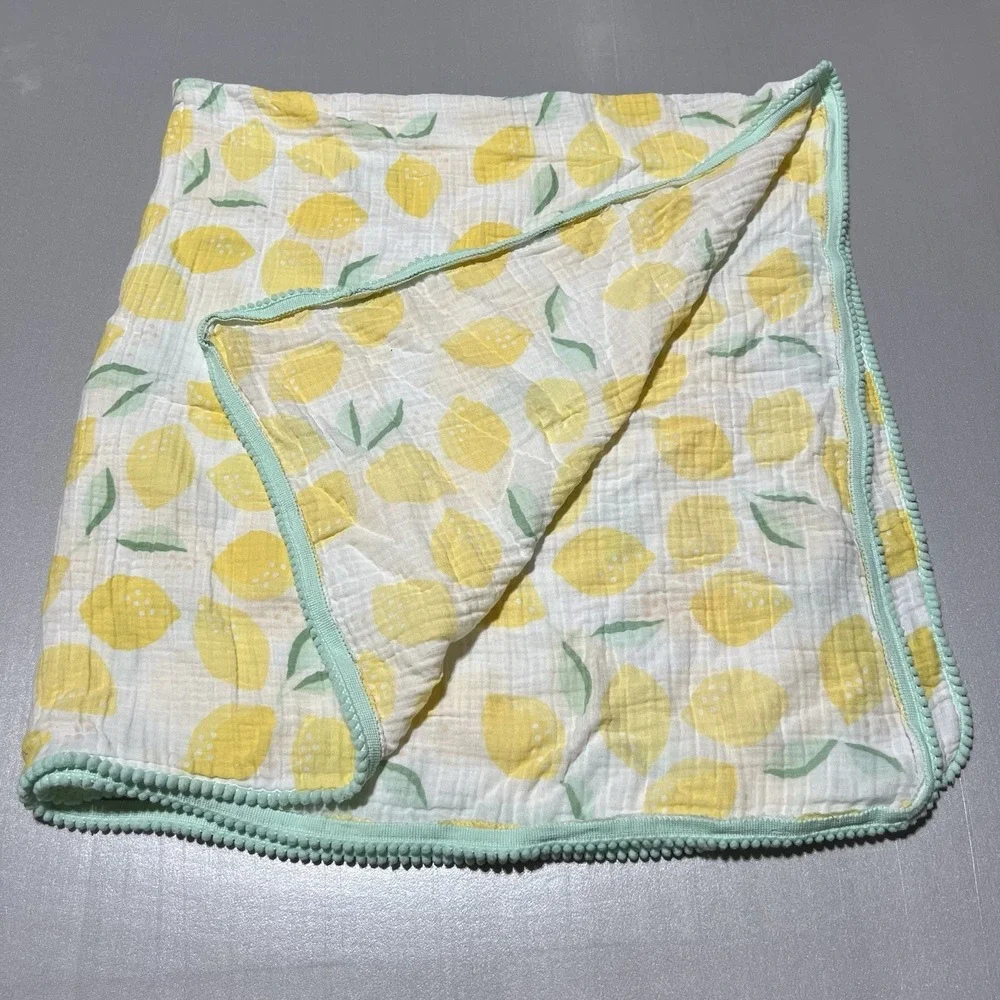 Muslin Baby Swaddle Blanket Yellow Lemon Print Mint Pom Pom Trim Cotton Gauze